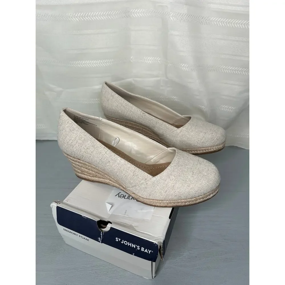 St. John's Bay Botanic Espadrille Wedge Sandals Sand Womens Size 9.5 Wide